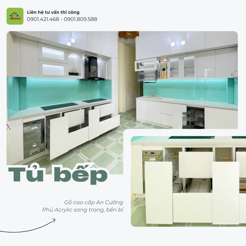 hoàn thiện tủ bếp acrylic trắng nhà anh văn Tây Ninh