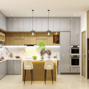 Tủ bếp nhựa PVC cánh Acrylic trắng xám ghi PLP18