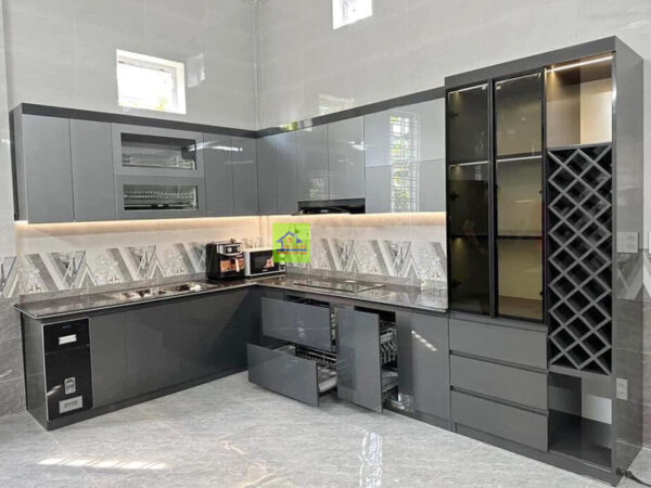 Tủ bếp MDF cánh Acrylic xám PLP19